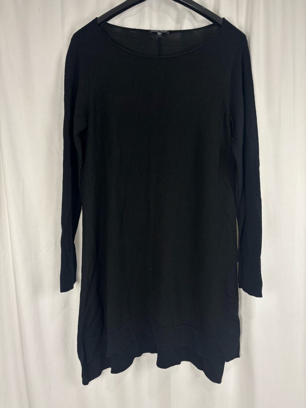 Eileen Fisher Black Knit Long Sleeve Tunic Dress Scoop Neck Merino Wool XS